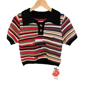 NWT Cider Knitted Striped Polo Cropped Top Size SMALL